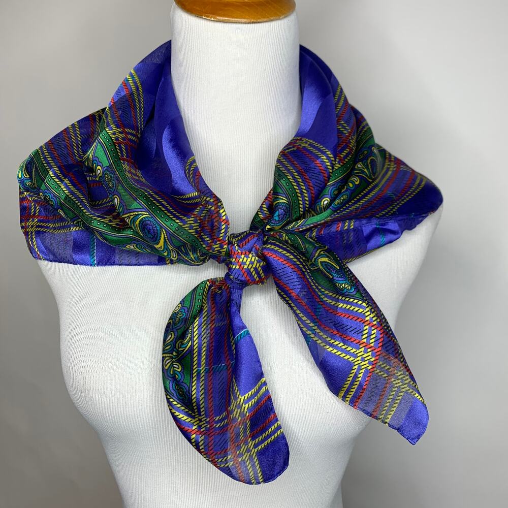 Sheer Vintage Scarf Blue Green Red Preppy Plaid Design 30.5"